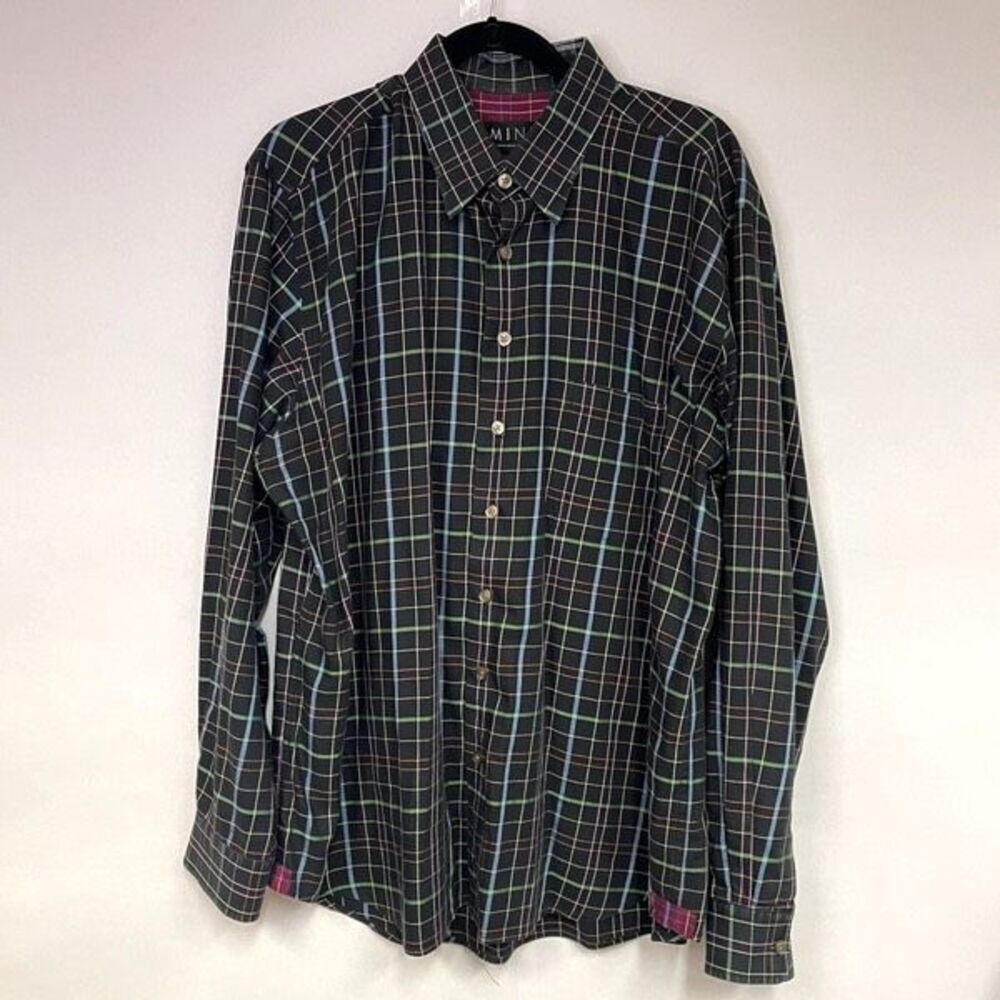 MINE Shirt Mens XL Multicolor Plaid Checks Long Sleeve Button Down Contrast Cuff